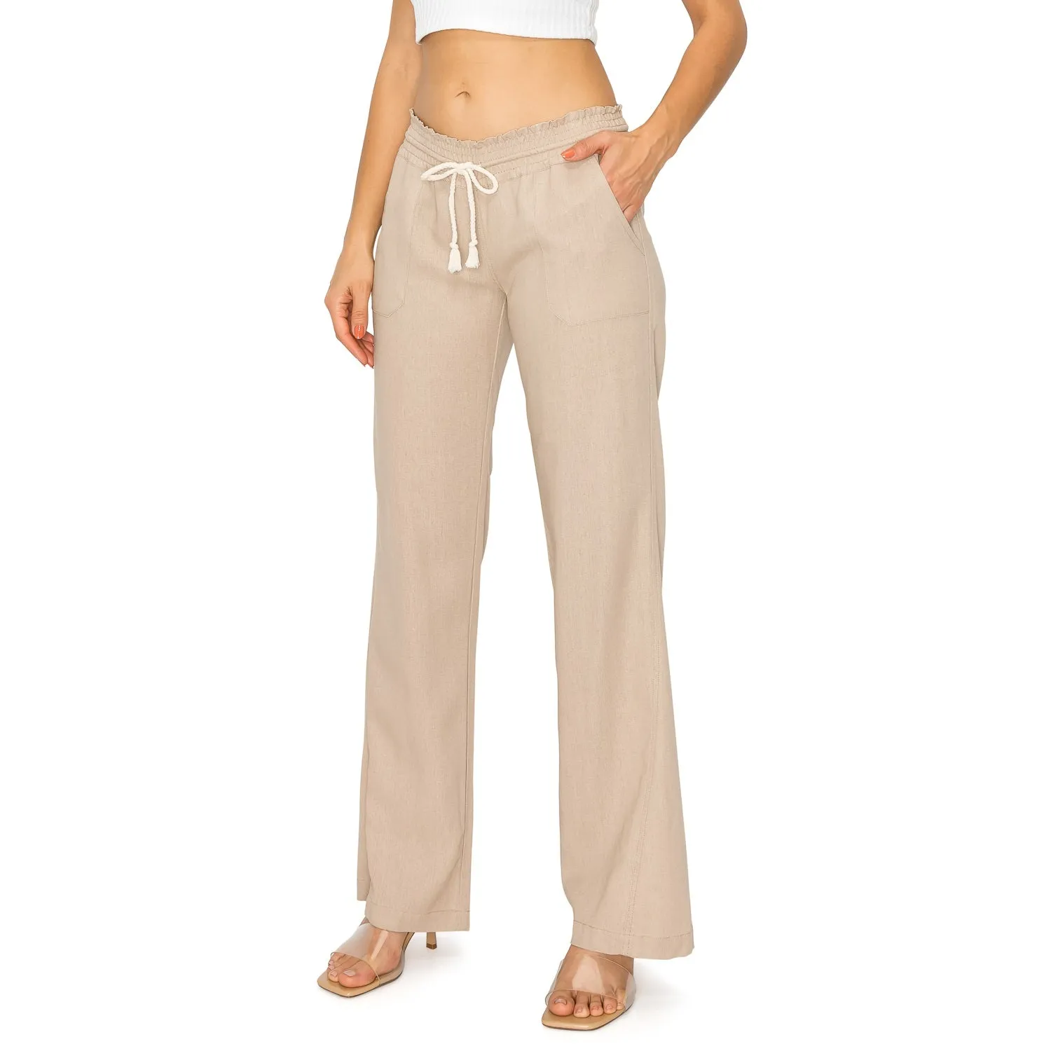 Linen Pants 32" Inseam Drawstring Smocked Waist Beach Pants - Khaki
