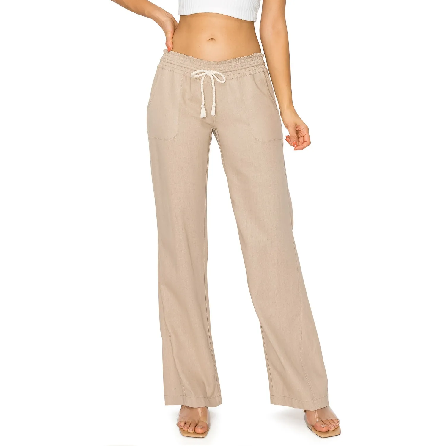 Linen Pants 32" Inseam Drawstring Smocked Waist Beach Pants - Khaki