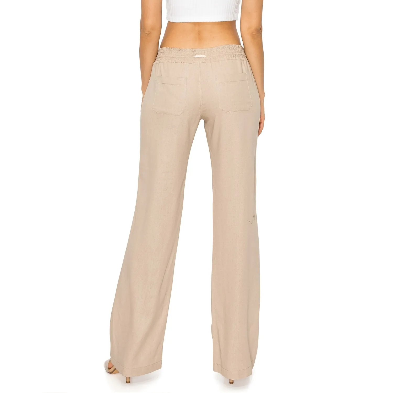 Linen Pants 32" Inseam Drawstring Smocked Waist Beach Pants - Khaki