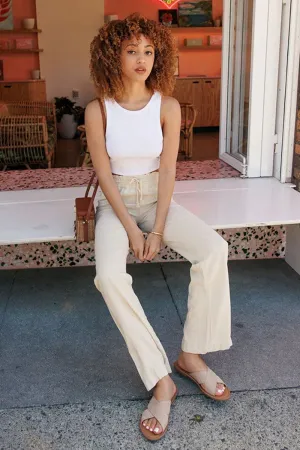 Linen Pants 32" Inseam Drawstring Smocked Waist Beach Pants - Khaki