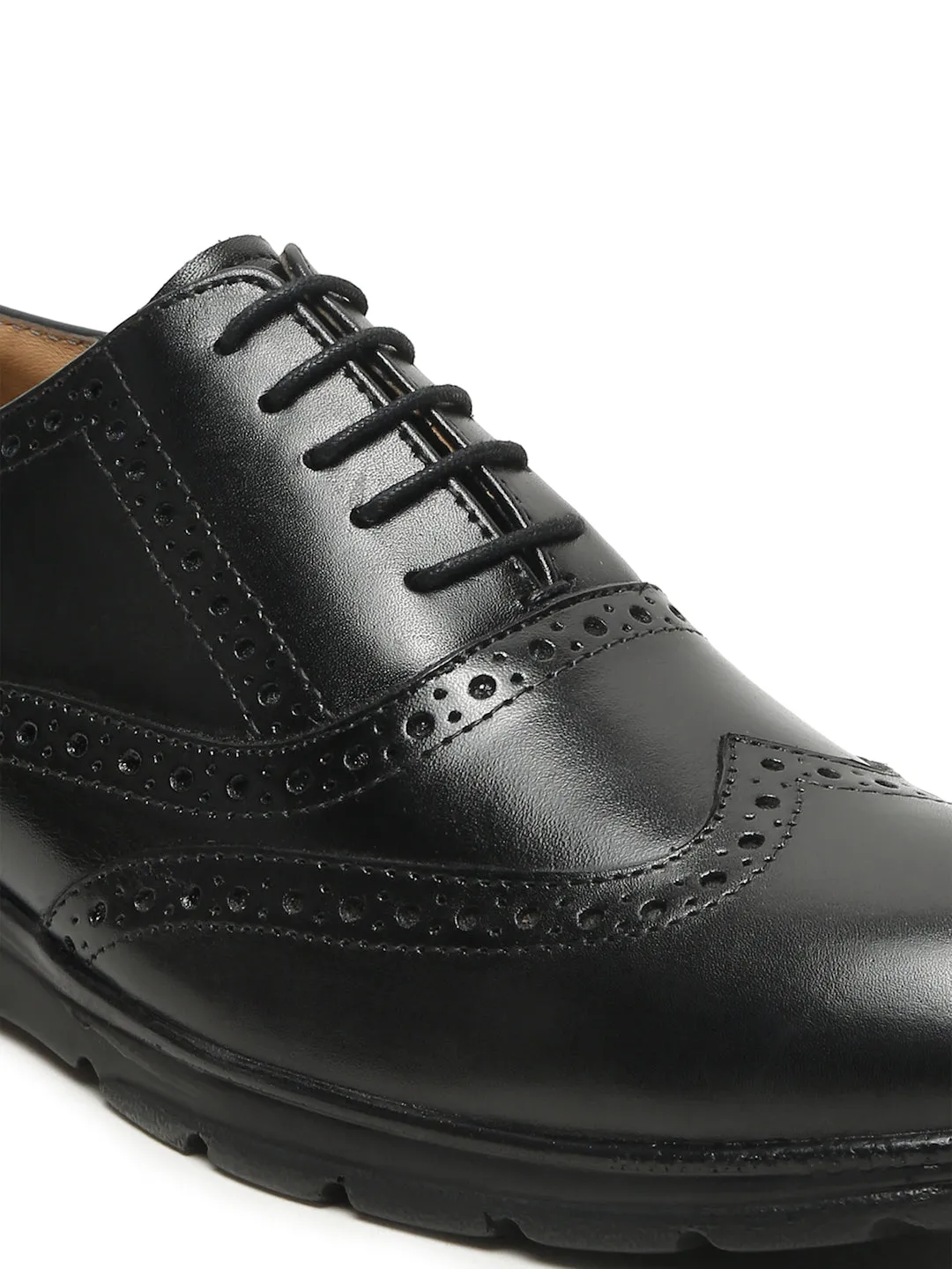 Men Black Leather Lace-Up Brogue Derby Shoes