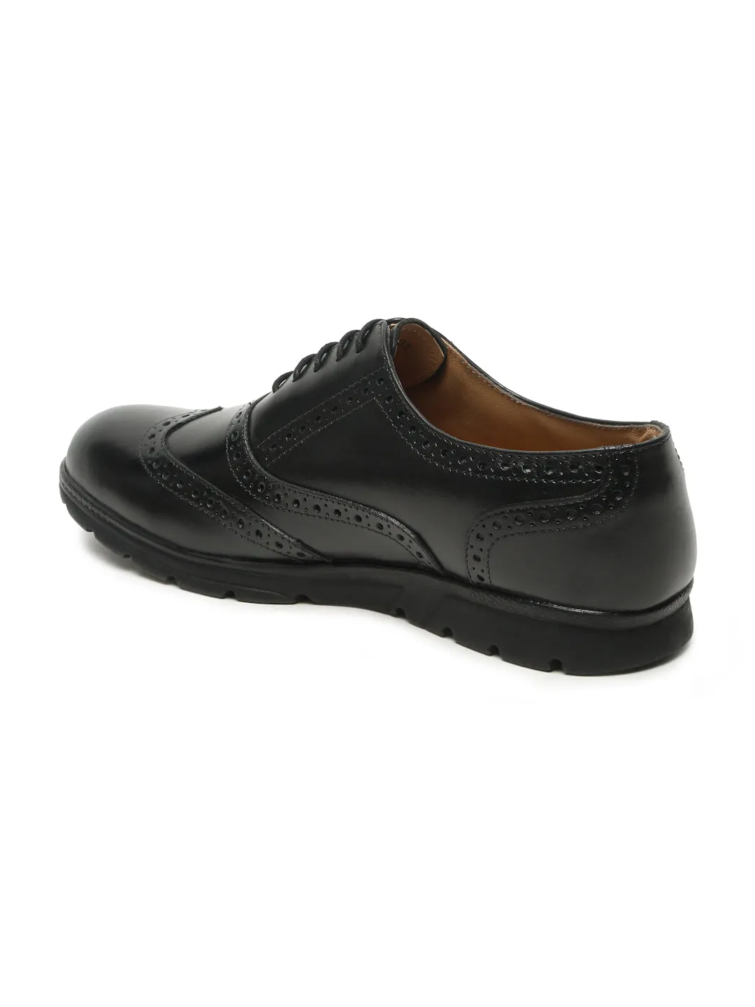 Men Black Leather Lace-Up Brogue Derby Shoes
