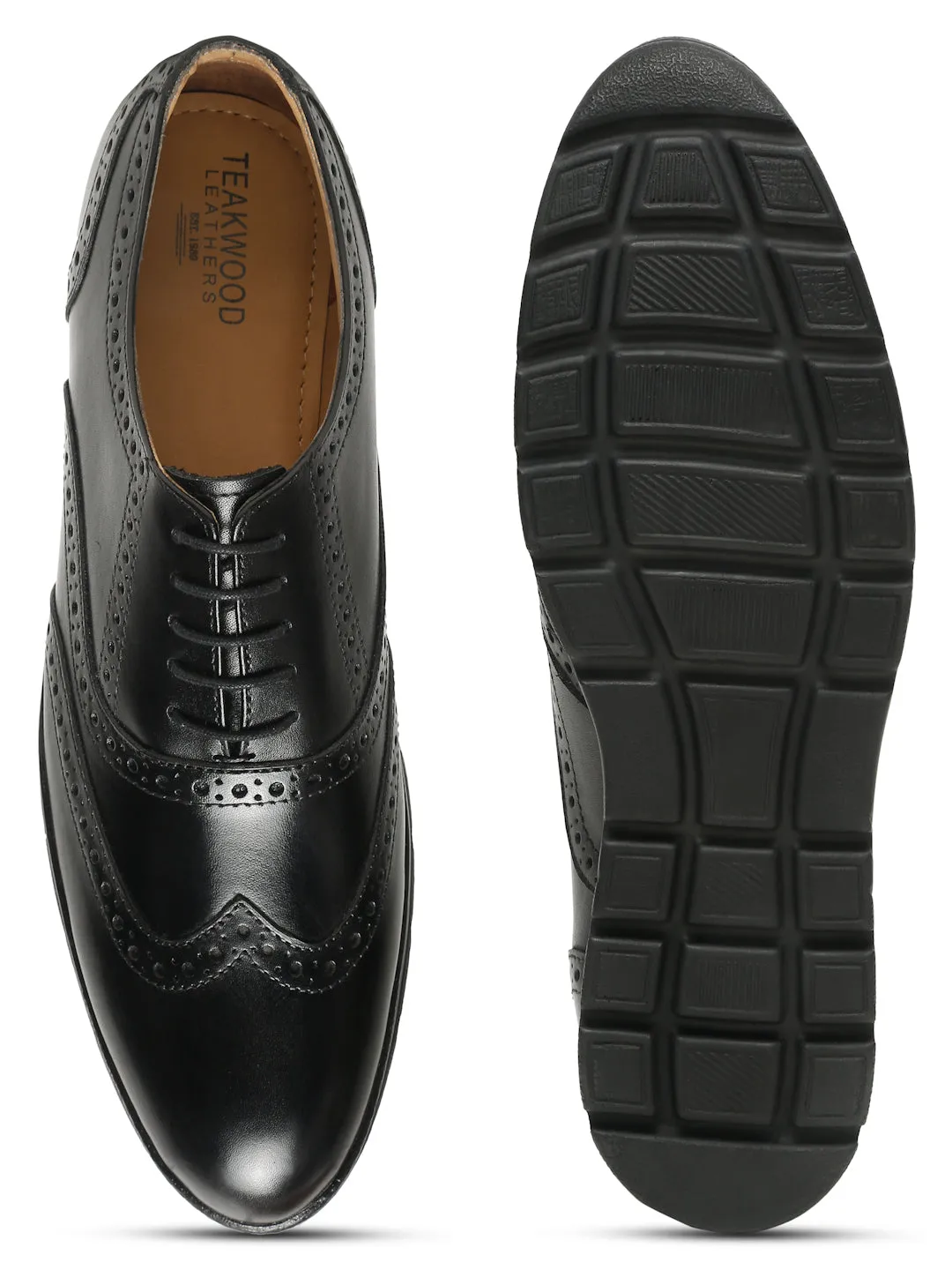 Men Black Leather Lace-Up Brogue Derby Shoes