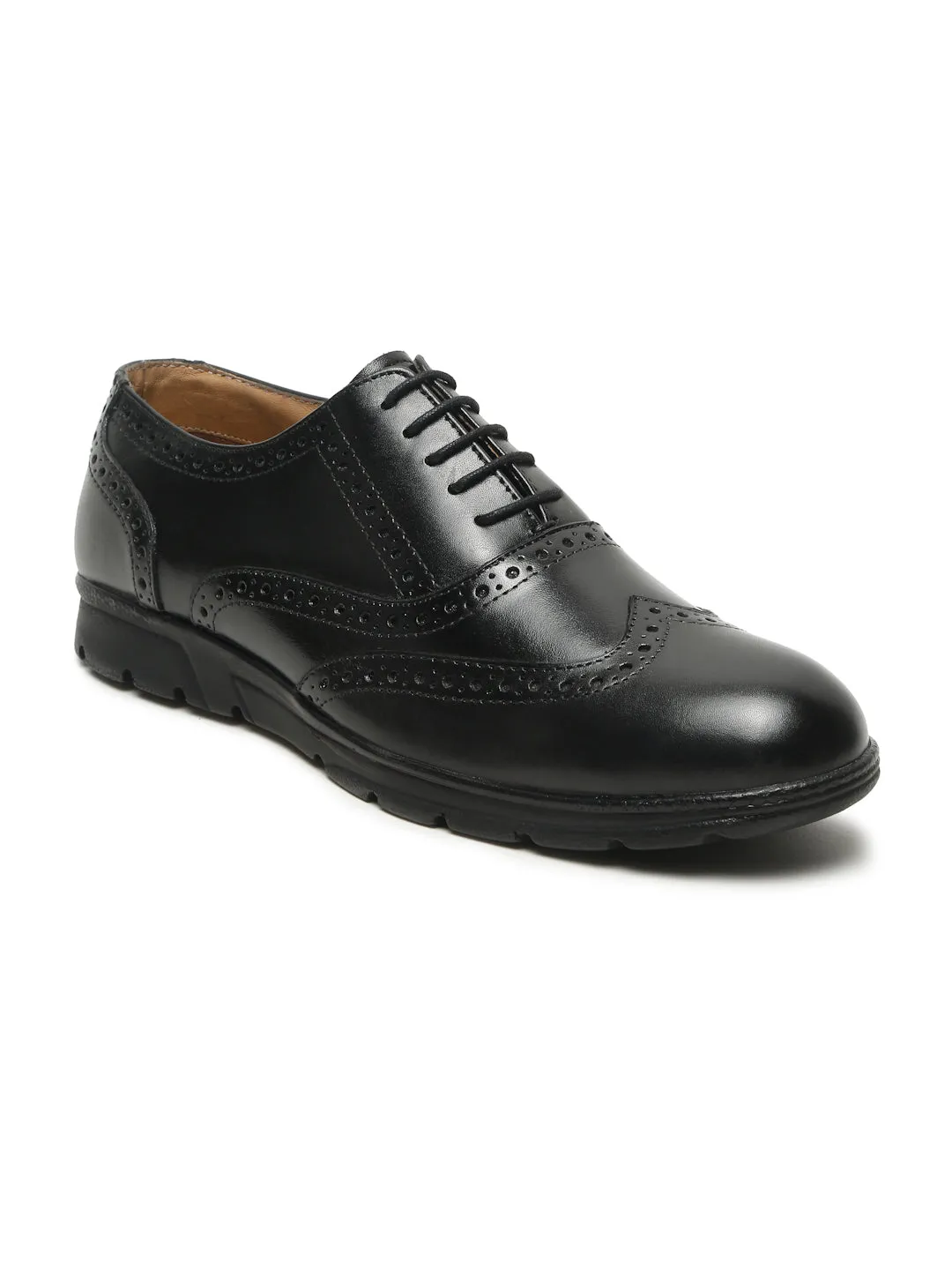 Men Black Leather Lace-Up Brogue Derby Shoes