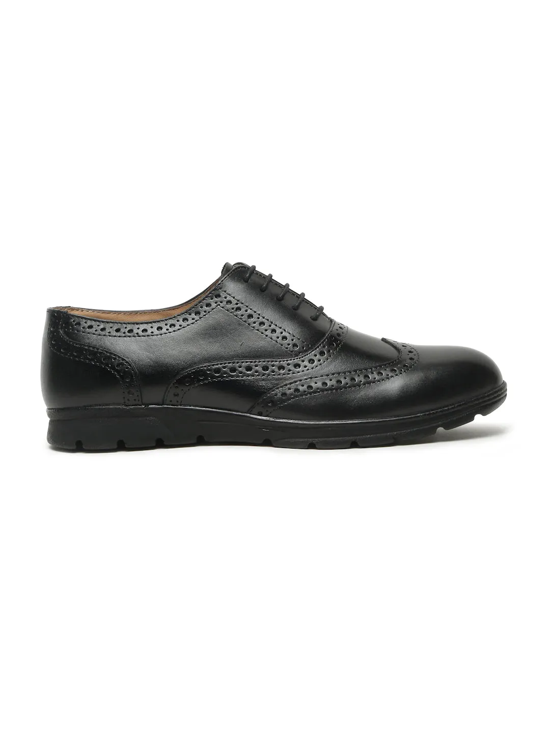 Men Black Leather Lace-Up Brogue Derby Shoes