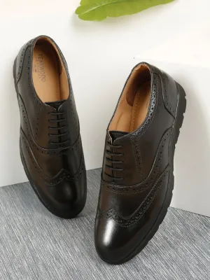 Men Black Leather Lace-Up Brogue Derby Shoes