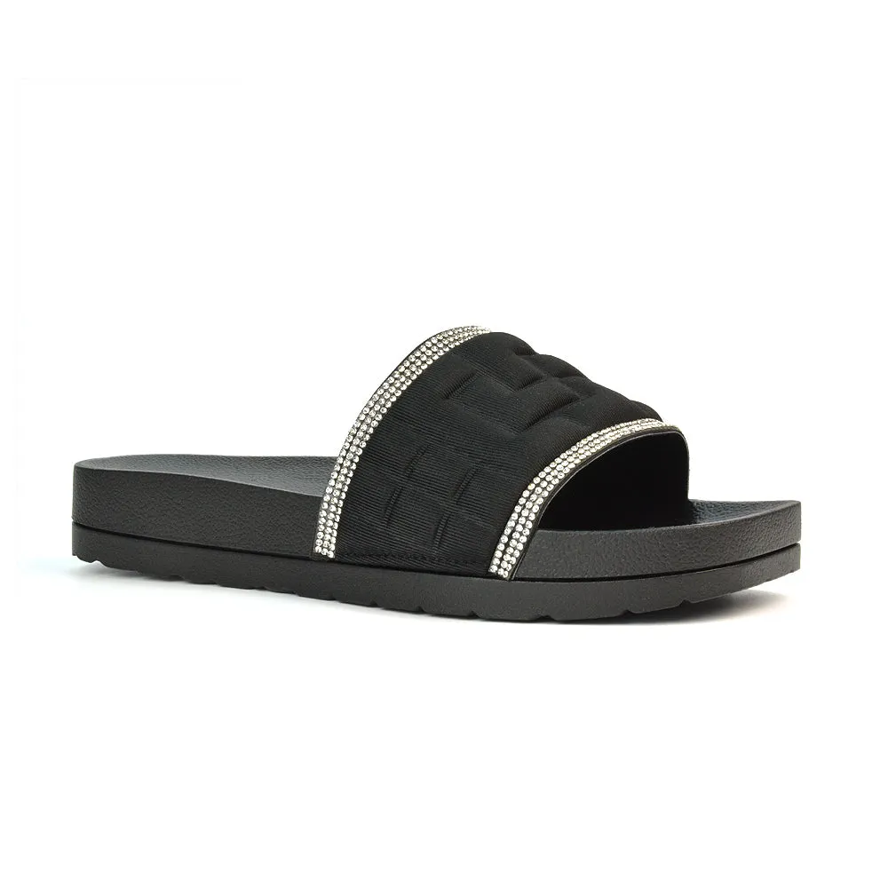 Neah Slip On Diamante Flat Sandals With Square Toe and Flatform Heel in Black