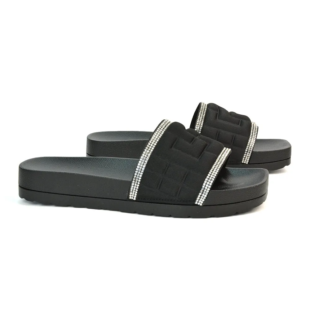 Neah Slip On Diamante Flat Sandals With Square Toe and Flatform Heel in Black