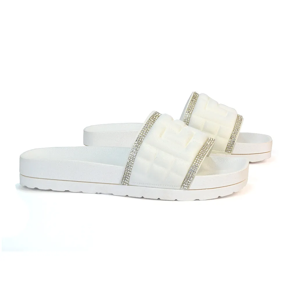 Neah Slip On Diamante Flat Sandals With Square Toe and Flatform Heel in Black