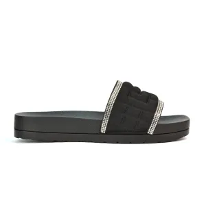 Neah Slip On Diamante Flat Sandals With Square Toe and Flatform Heel in Black