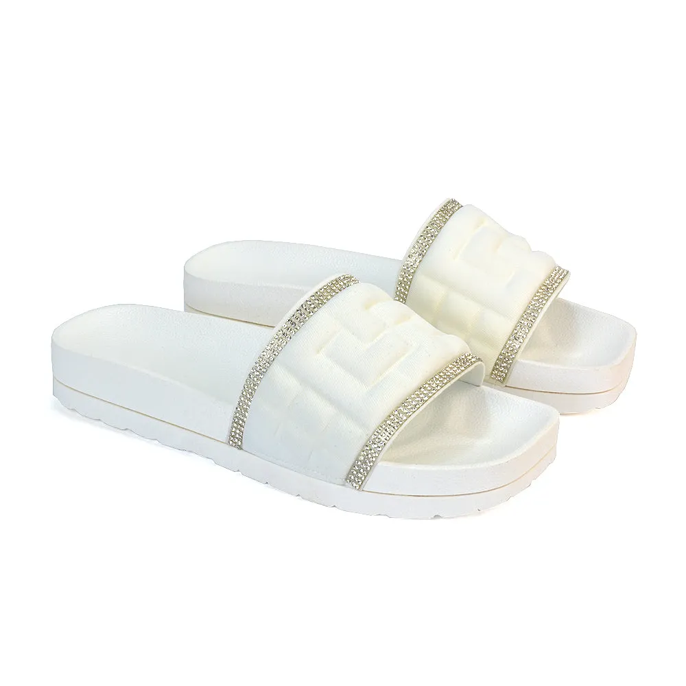 Neah Slip On Diamante Flat Sandals With Square Toe and Flatform Heel in Black