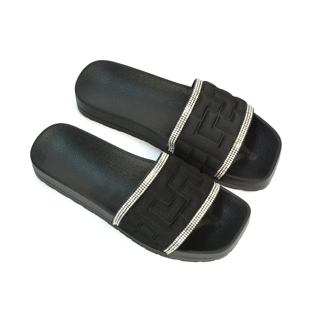 Neah Slip On Diamante Flat Sandals With Square Toe and Flatform Heel in Black