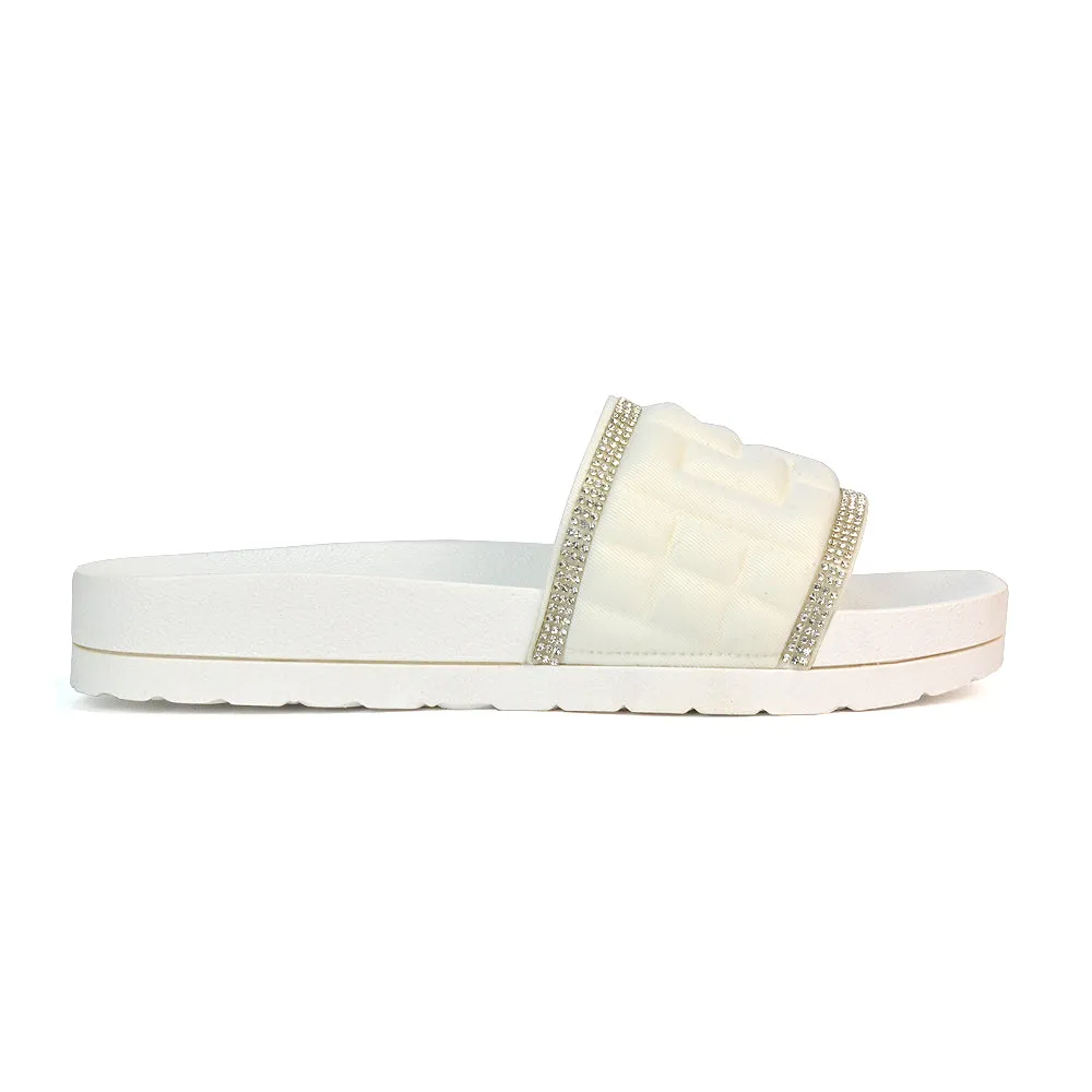 Neah Slip On Diamante Flat Sandals With Square Toe and Flatform Heel in Black