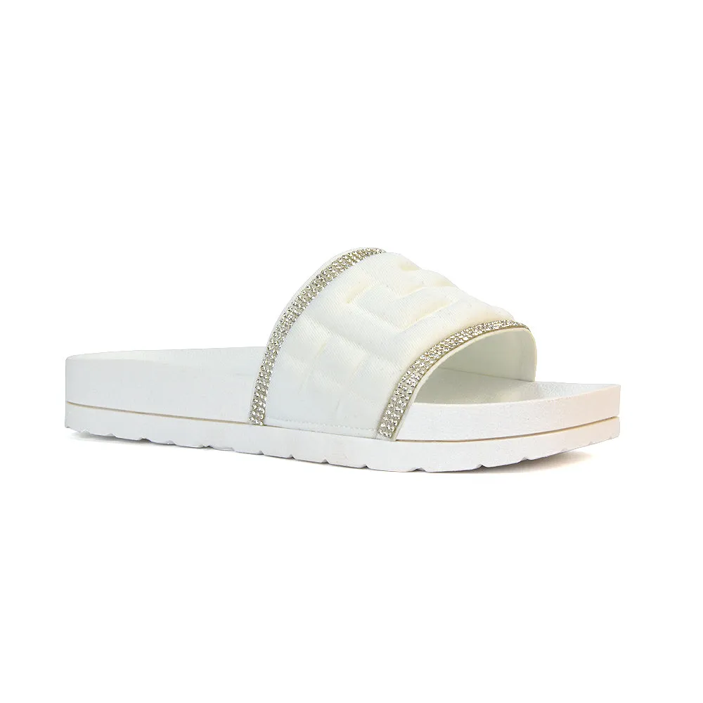 Neah Slip On Diamante Flat Sandals With Square Toe and Flatform Heel in Black