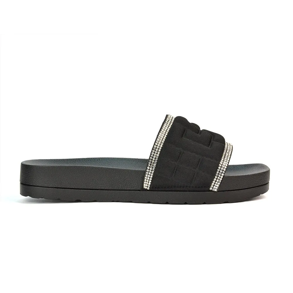 Neah Slip On Diamante Flat Sandals With Square Toe and Flatform Heel in Black