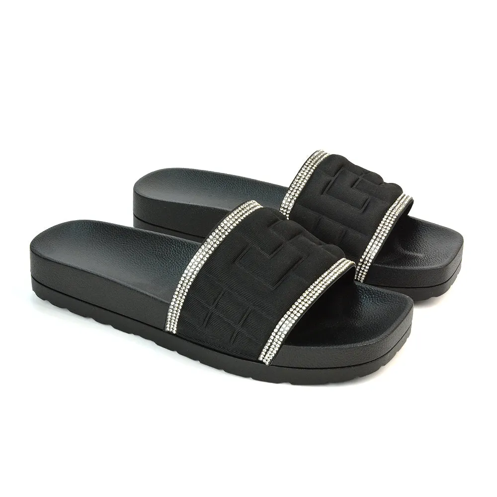 Neah Slip On Diamante Flat Sandals With Square Toe and Flatform Heel in Black
