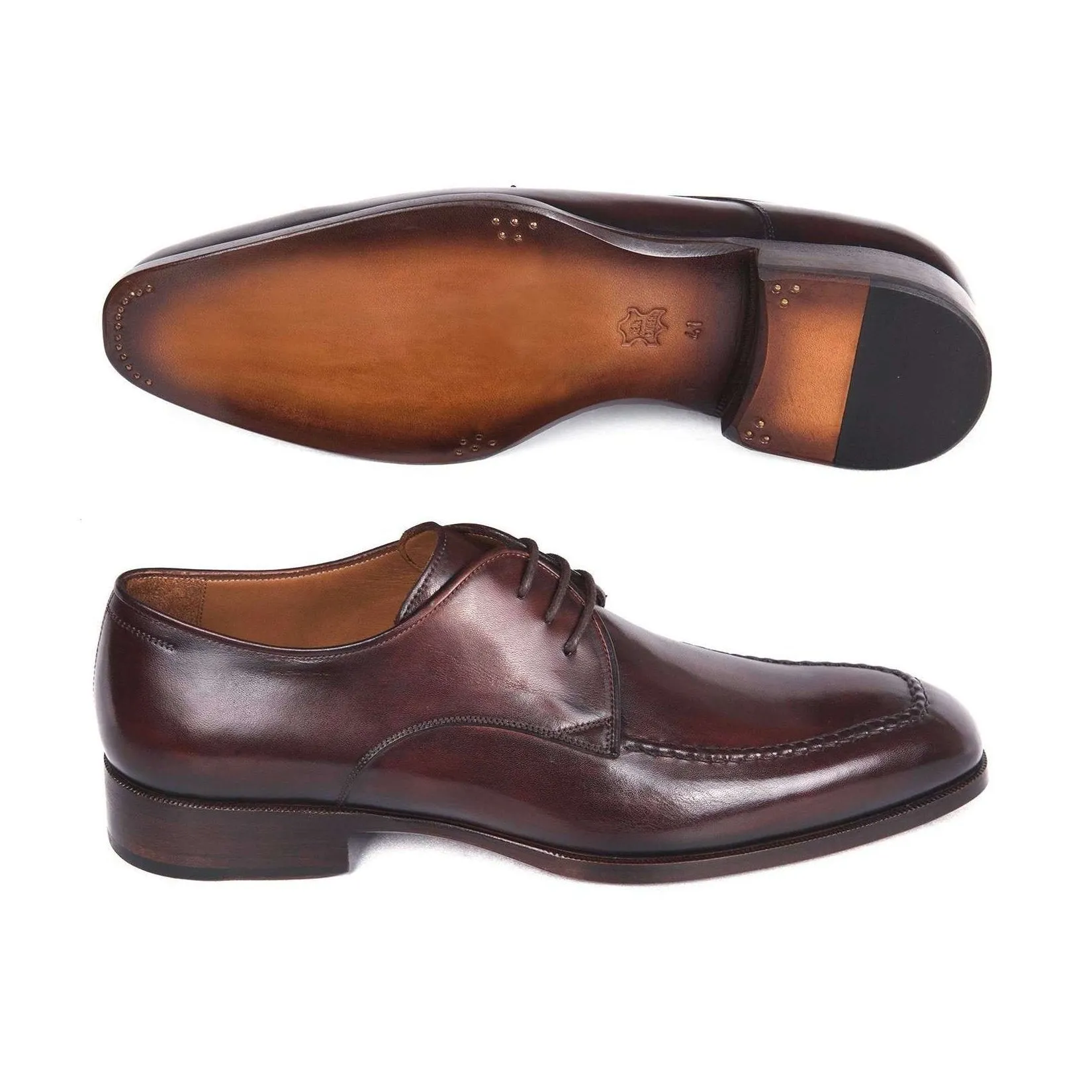 Paul Parkman Handmade Designer Shoes Brown & Bordeaux Leather Apron Derby Oxfords (PM5619)