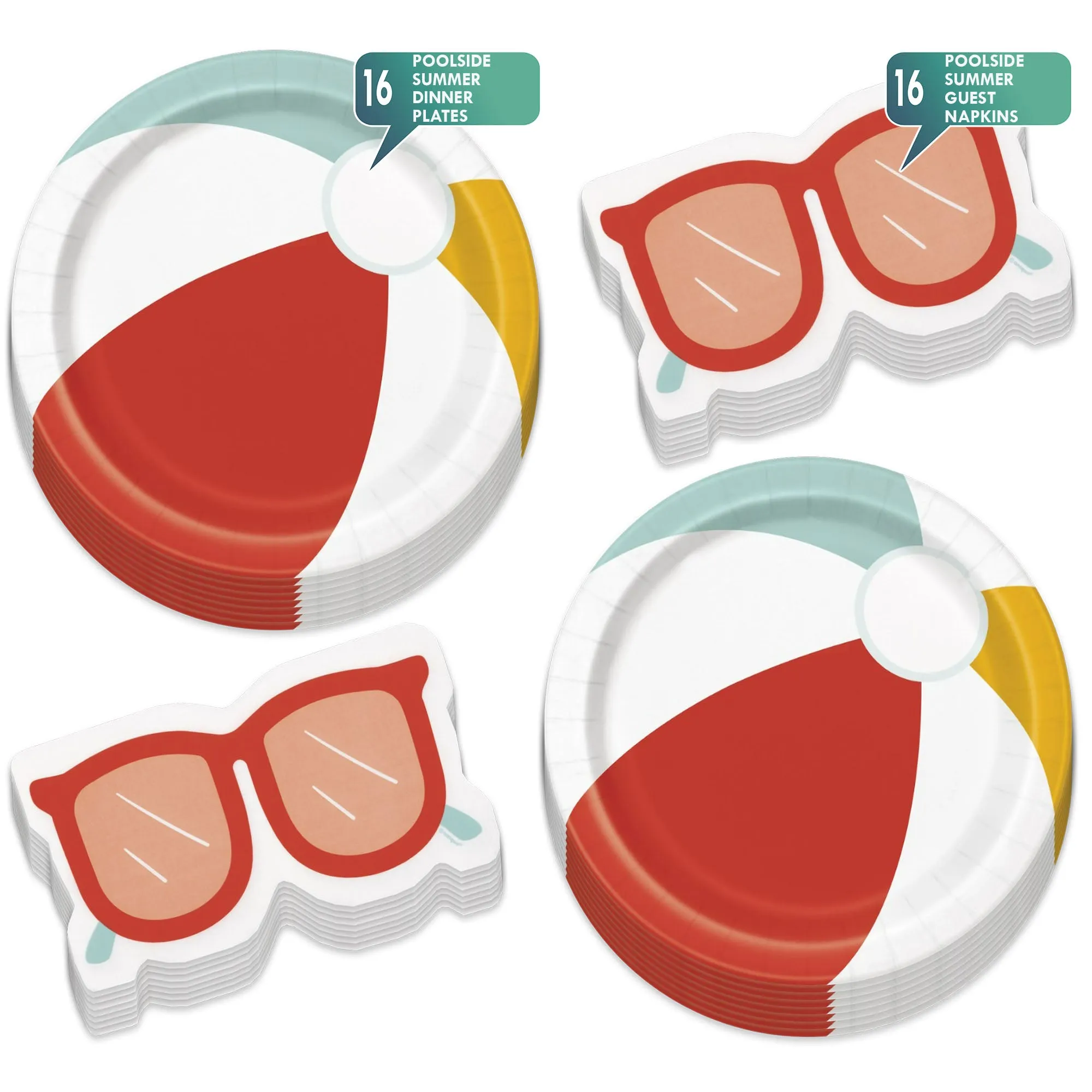 Poolside Summer Beach Ball Round Paper Dinner Plates and Sunglasses Shaped Lunch Napkins