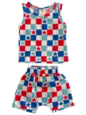 Red, White & Blue Checkerboard / Organic Tank & Short Set