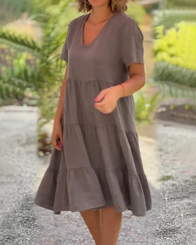 ROBERTA™ | COTTON AND LINEN V-NECK SWING LOOSE DRESS