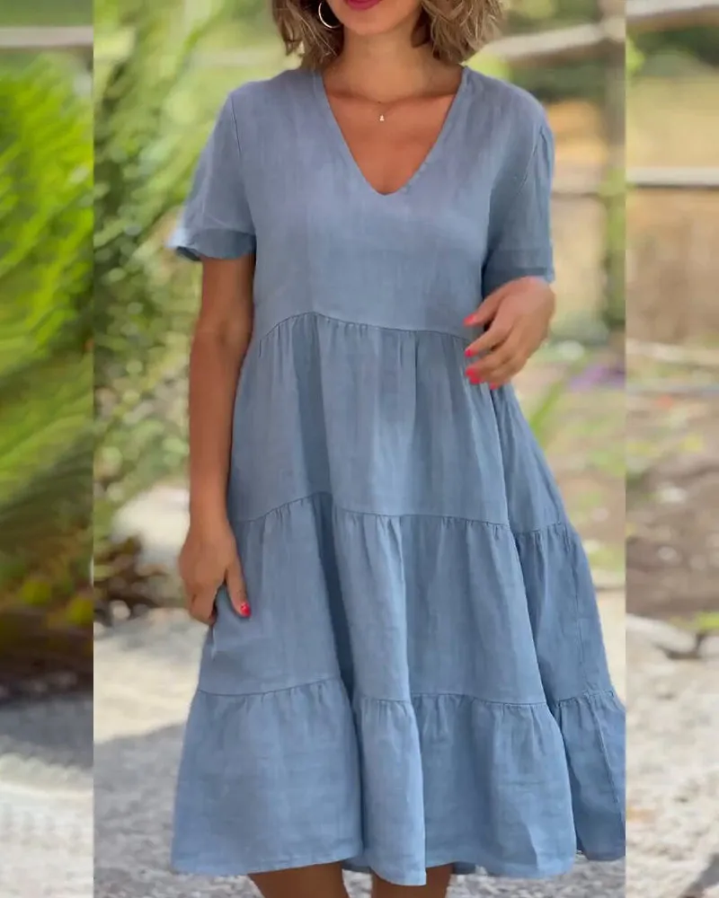ROBERTA™ | COTTON AND LINEN V-NECK SWING LOOSE DRESS