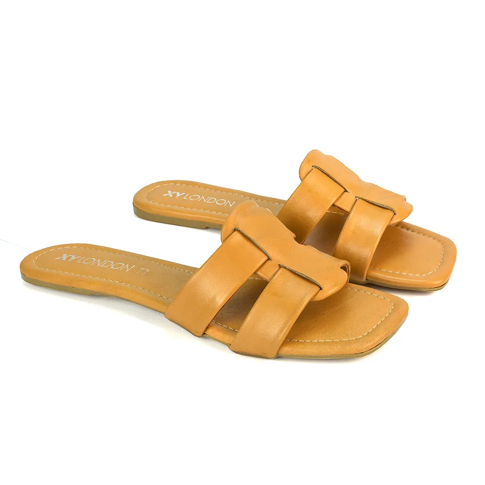 Selma Slip On Mule Square Toe Leather Flat Sandals Slides in Tan