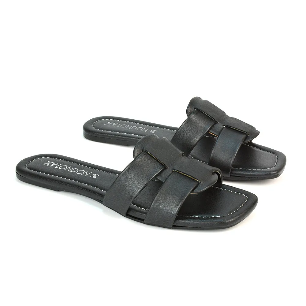 Selma Slip On Mule Square Toe Leather Flat Sandals Slides in Tan