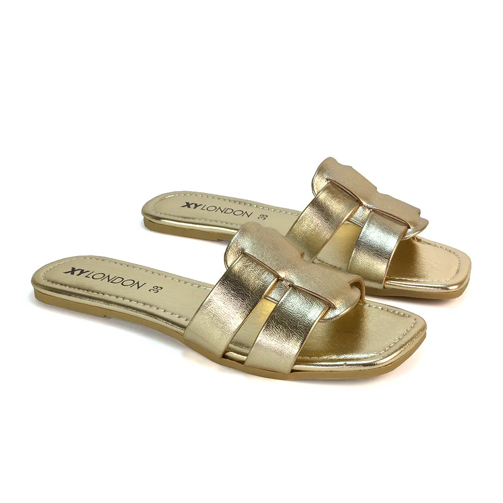 Selma Slip On Mule Square Toe Leather Flat Sandals Slides in Tan