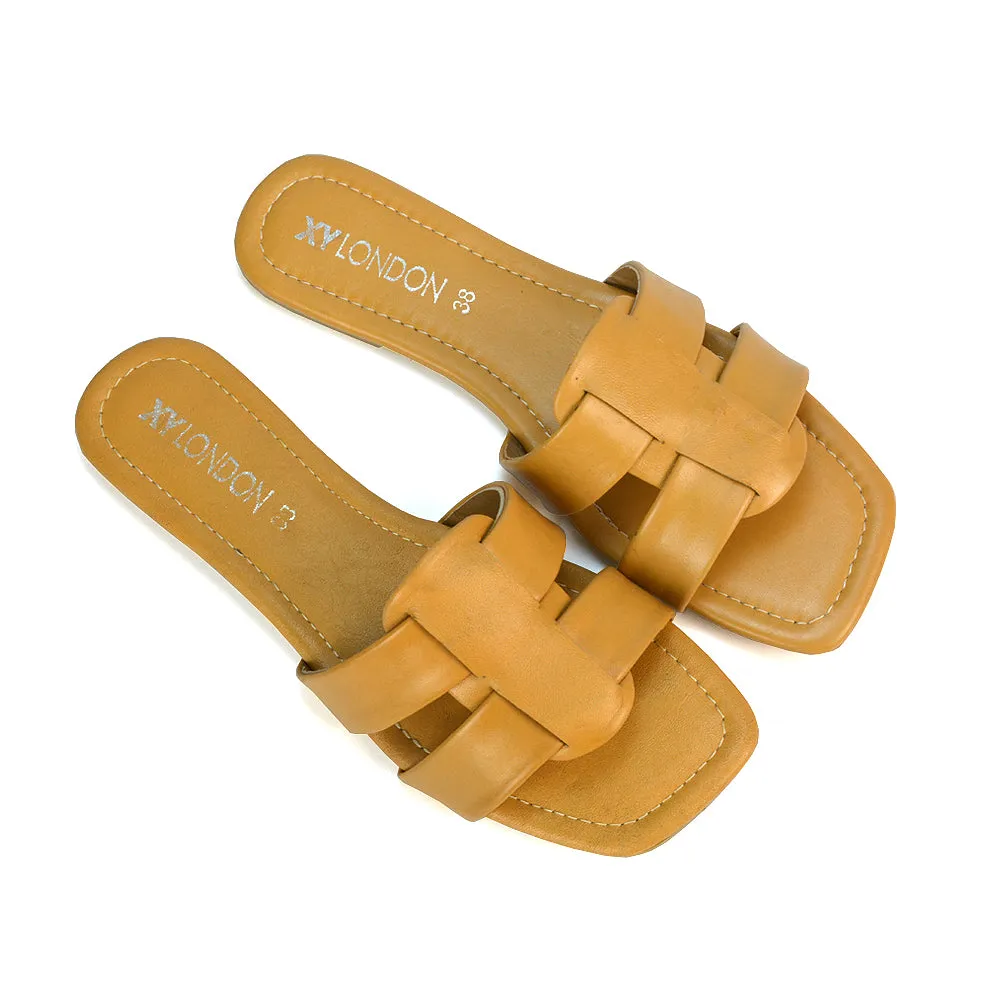 Selma Slip On Mule Square Toe Leather Flat Sandals Slides in Tan
