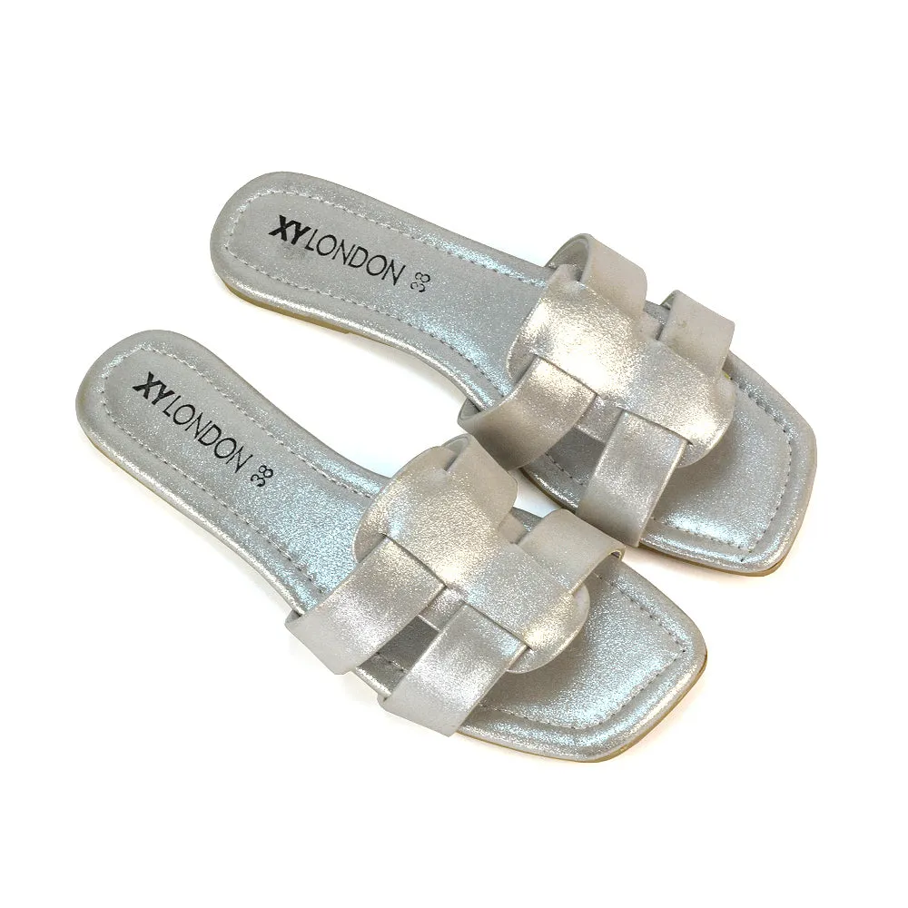 Selma Slip On Mule Square Toe Leather Flat Sandals Slides in Tan