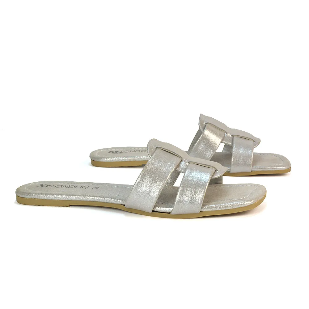 Selma Slip On Mule Square Toe Leather Flat Sandals Slides in Tan