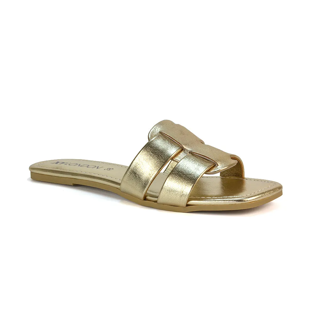 Selma Slip On Mule Square Toe Leather Flat Sandals Slides in Tan