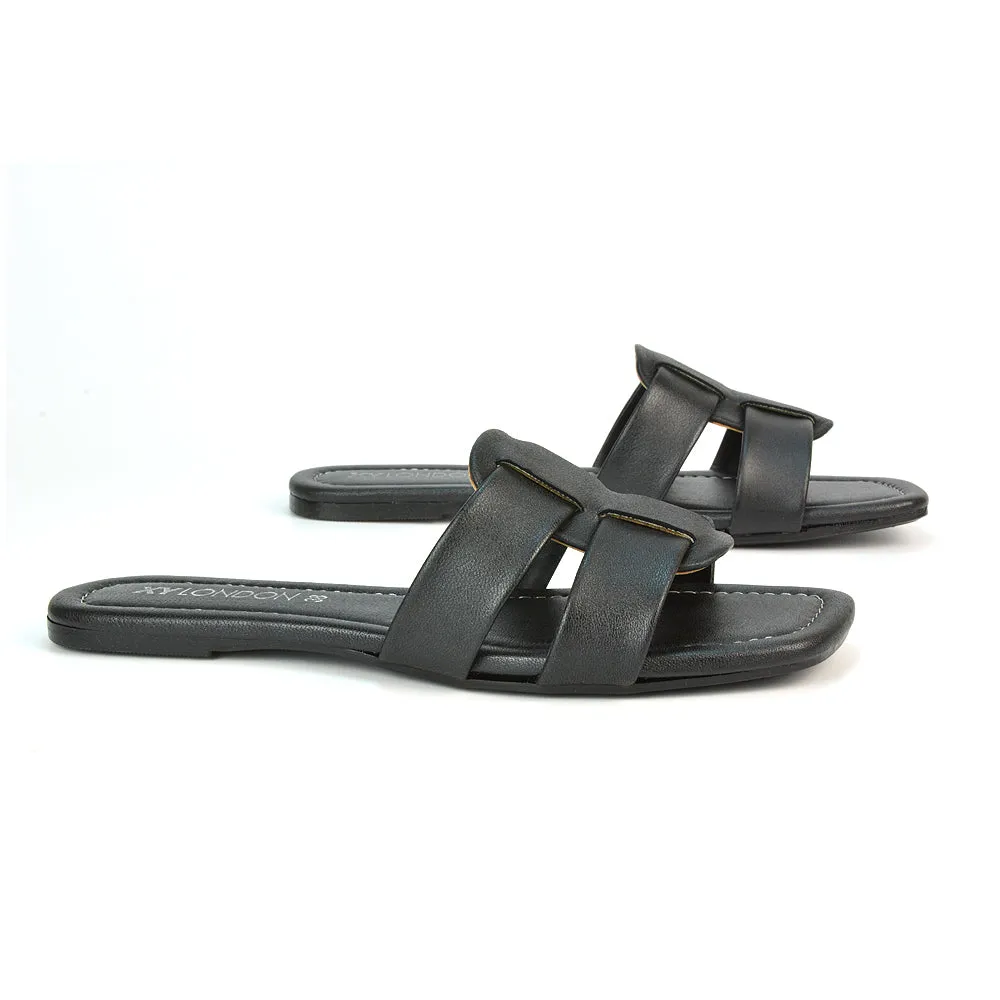 Selma Slip On Mule Square Toe Leather Flat Sandals Slides in Tan