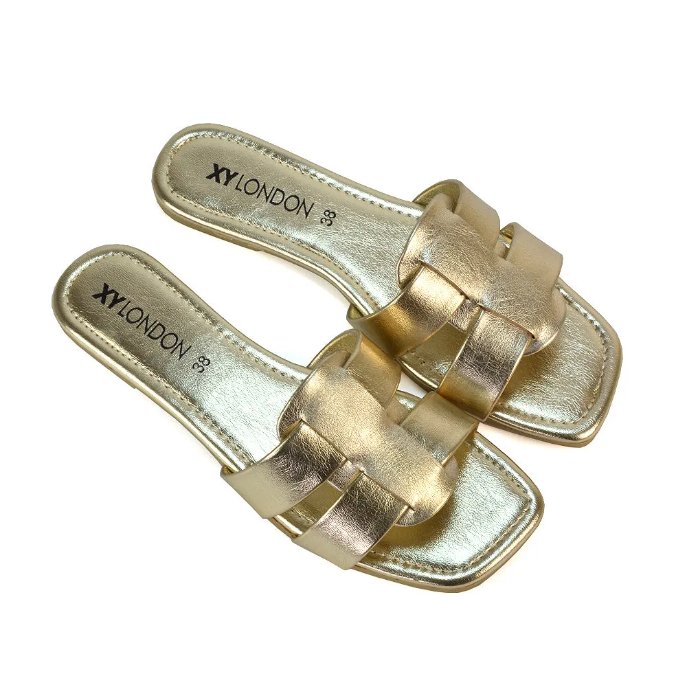 Selma Slip On Mule Square Toe Leather Flat Sandals Slides in Tan