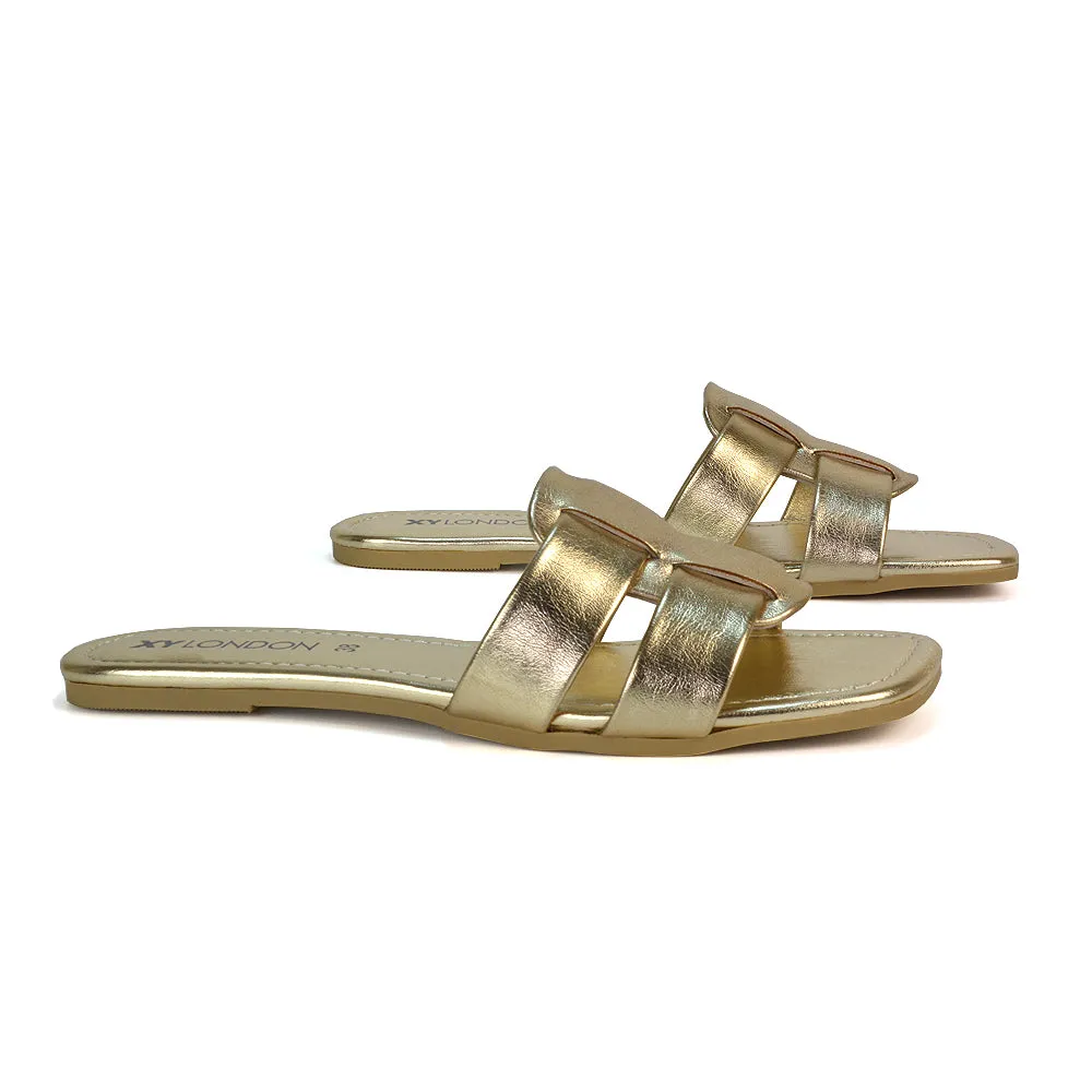 Selma Slip On Mule Square Toe Leather Flat Sandals Slides in Tan