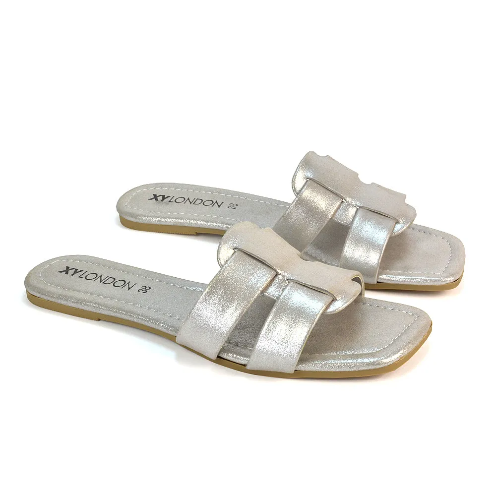 Selma Slip On Mule Square Toe Leather Flat Sandals Slides in Tan