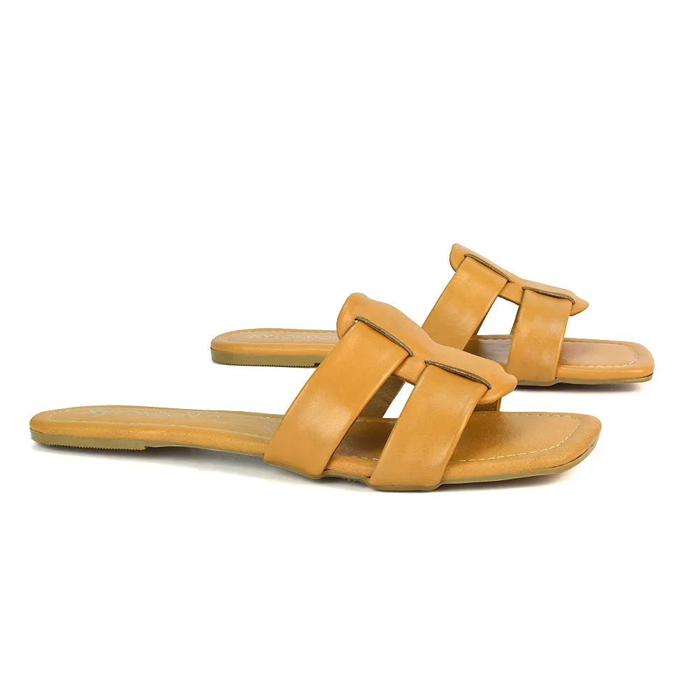 Selma Slip On Mule Square Toe Leather Flat Sandals Slides in Tan