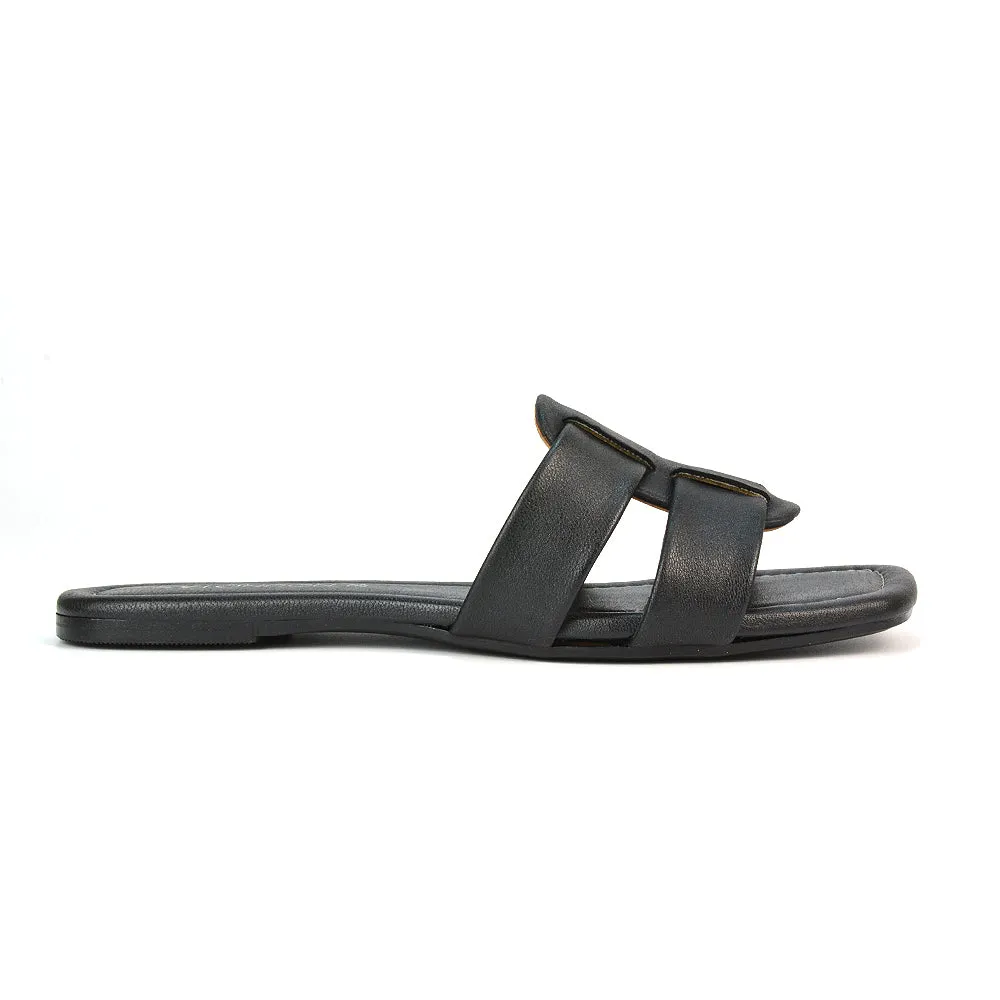 Selma Slip On Mule Square Toe Leather Flat Sandals Slides in Tan