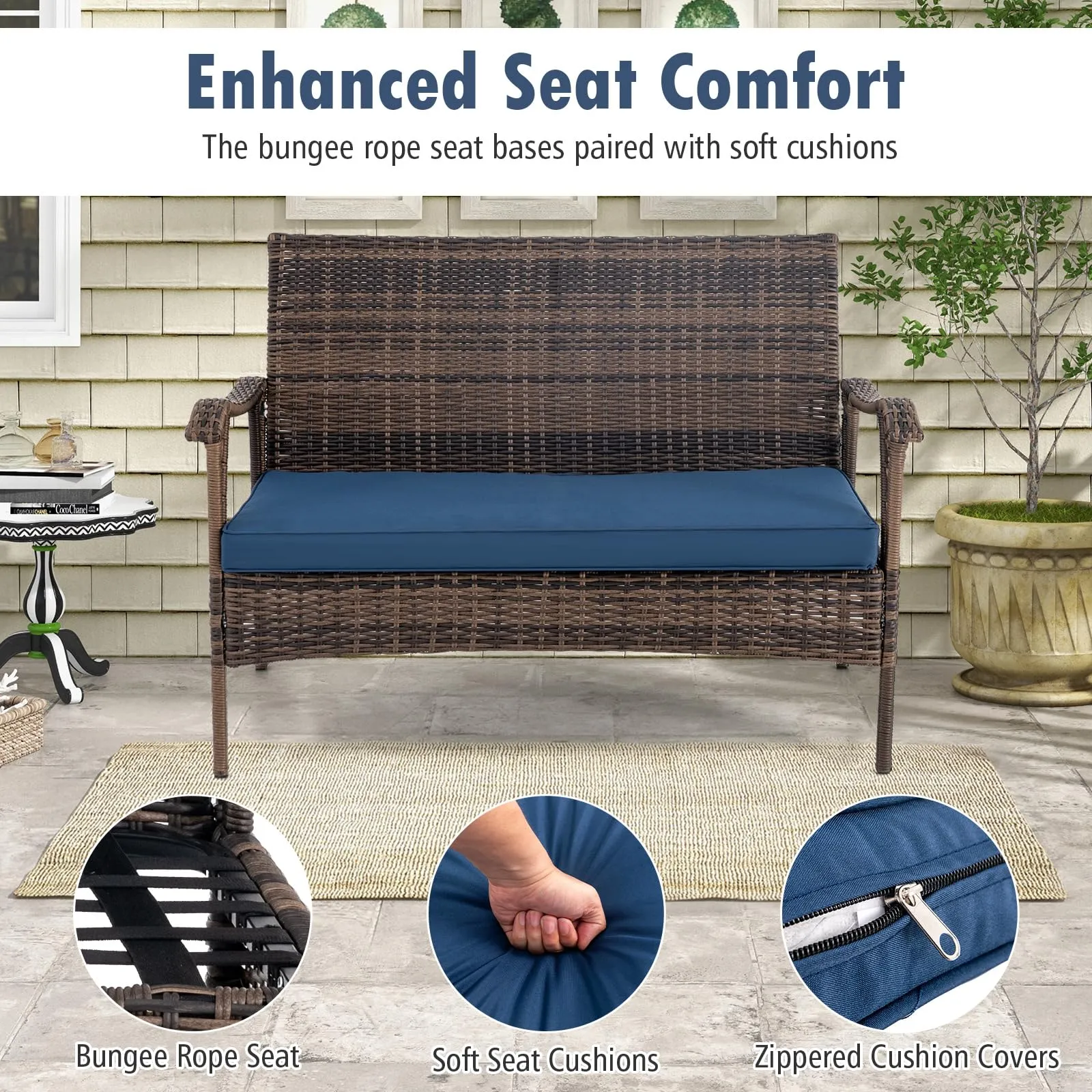 Tangkula 4 Piece Wicker Rocking Set, 2 Patio Rattan Rocker Chairs w/Loveseat & Coffee Table, Heavy-Duty Metal Frame & Bungee Rope Seat