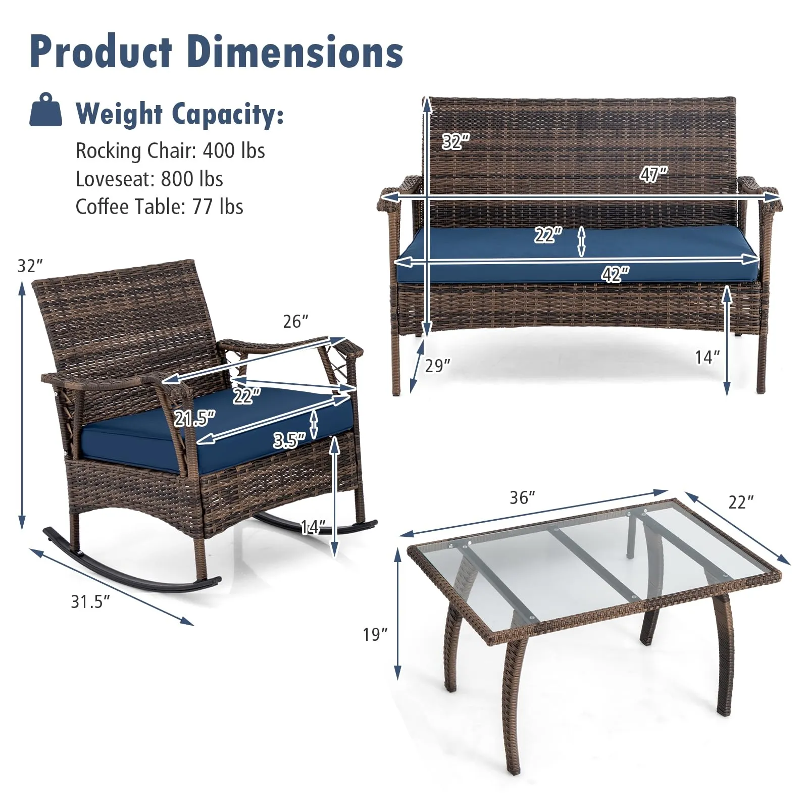 Tangkula 4 Piece Wicker Rocking Set, 2 Patio Rattan Rocker Chairs w/Loveseat & Coffee Table, Heavy-Duty Metal Frame & Bungee Rope Seat