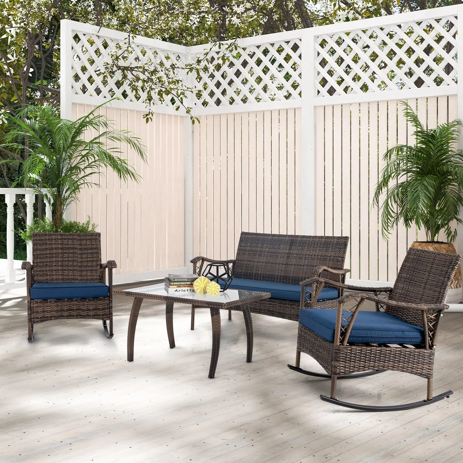 Tangkula 4 Piece Wicker Rocking Set, 2 Patio Rattan Rocker Chairs w/Loveseat & Coffee Table, Heavy-Duty Metal Frame & Bungee Rope Seat