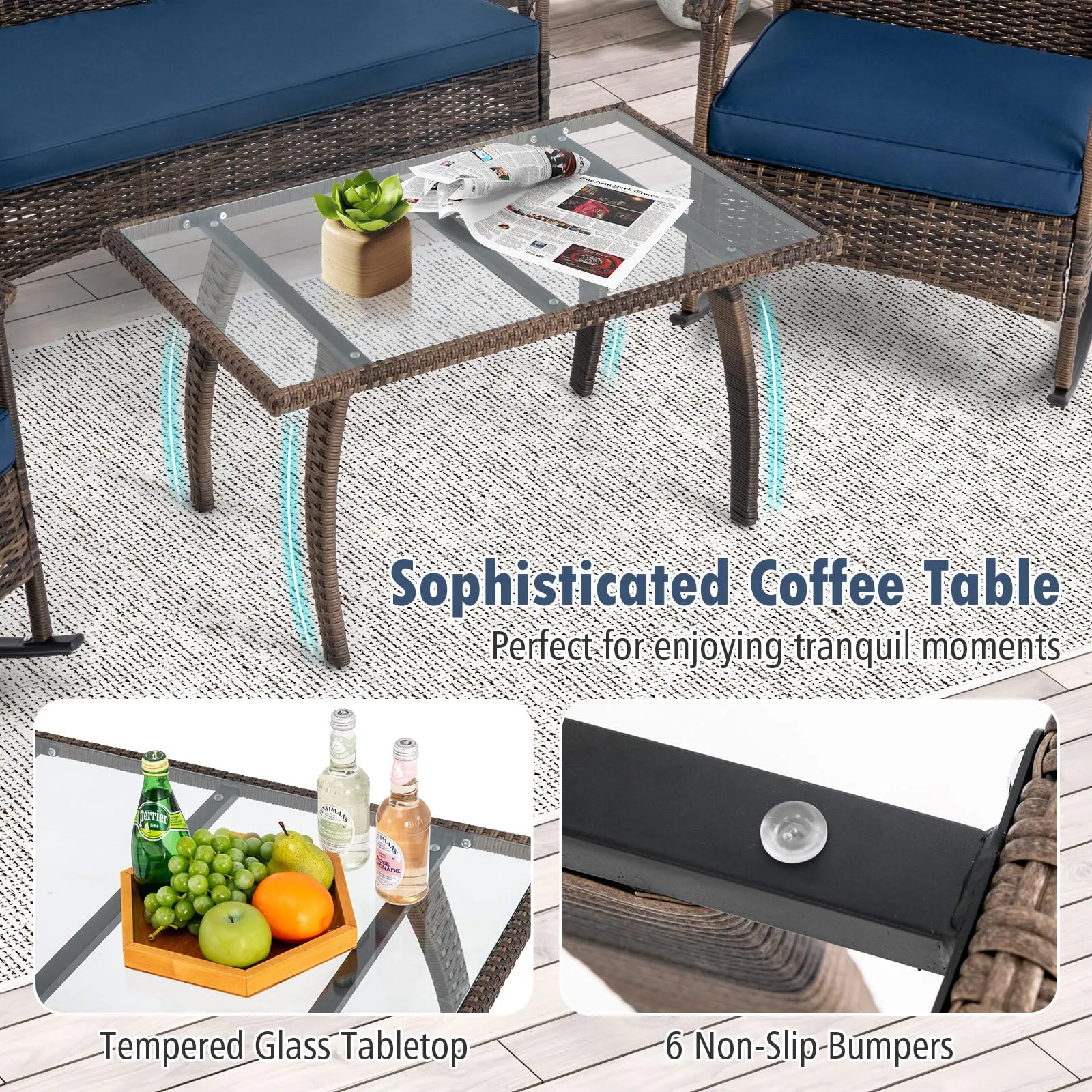 Tangkula 4 Piece Wicker Rocking Set, 2 Patio Rattan Rocker Chairs w/Loveseat & Coffee Table, Heavy-Duty Metal Frame & Bungee Rope Seat