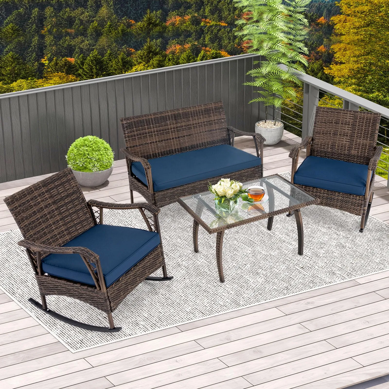 Tangkula 4 Piece Wicker Rocking Set, 2 Patio Rattan Rocker Chairs w/Loveseat & Coffee Table, Heavy-Duty Metal Frame & Bungee Rope Seat