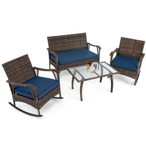 Tangkula 4 Piece Wicker Rocking Set, 2 Patio Rattan Rocker Chairs w/Loveseat & Coffee Table, Heavy-Duty Metal Frame & Bungee Rope Seat