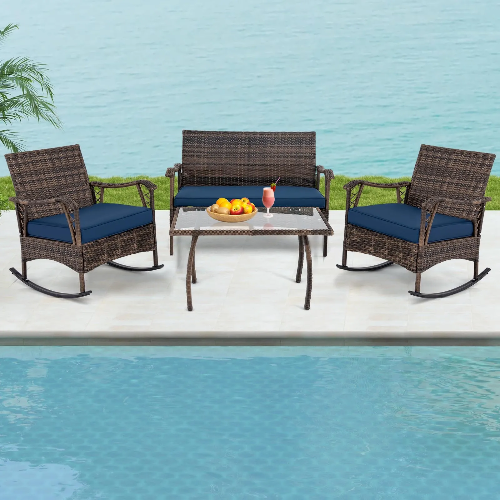 Tangkula 4 Piece Wicker Rocking Set, 2 Patio Rattan Rocker Chairs w/Loveseat & Coffee Table, Heavy-Duty Metal Frame & Bungee Rope Seat