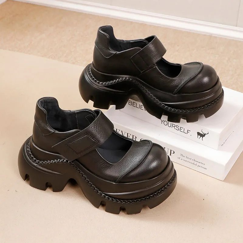 Vintage-Style Cowhide Lace-Up Snow Boots with Chunky Soles and Long Plush Lining Black/Rose Red/Off-White