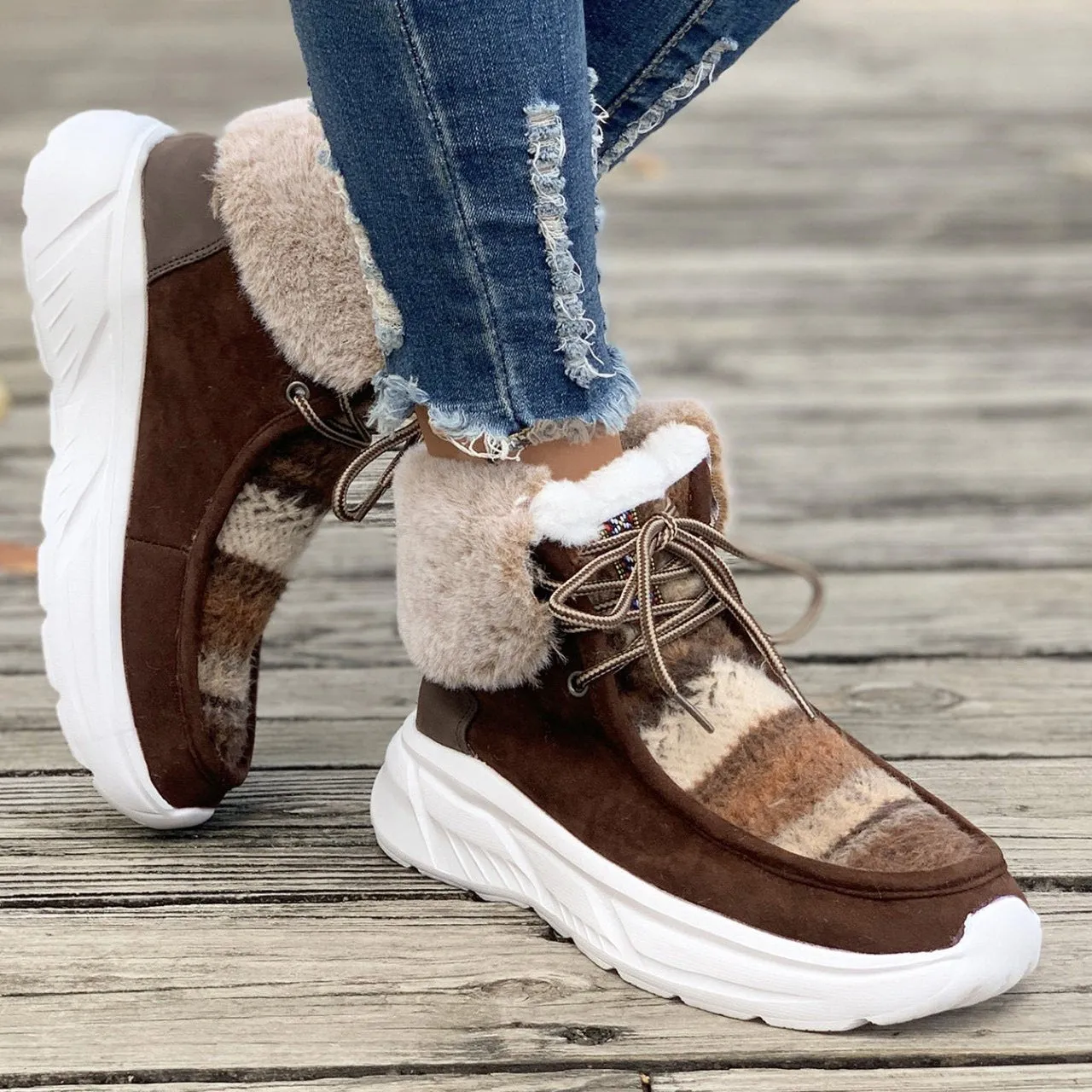 Women's chunky platform colorblock plush lining snow boots anti-skid