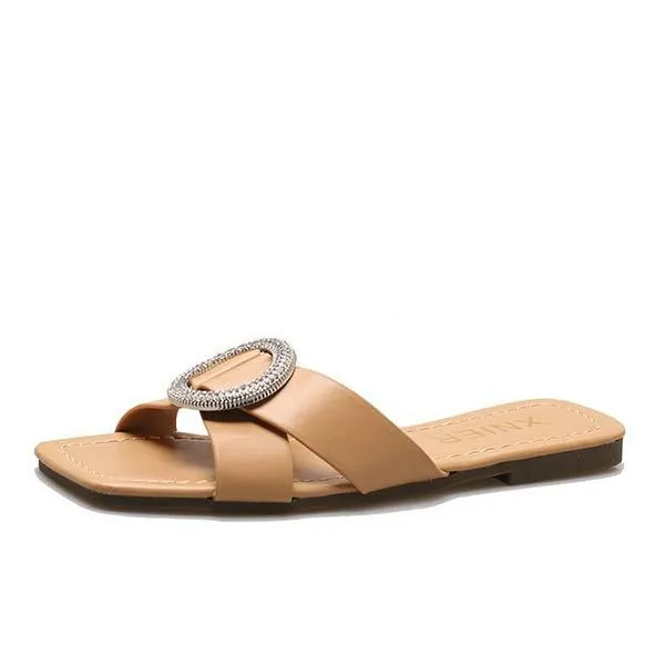 Women's Rhinestone Round Buckle Flat Sandals 06572710C