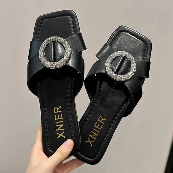 Women's Rhinestone Round Buckle Flat Sandals 06572710C