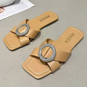 Women's Rhinestone Round Buckle Flat Sandals 06572710C